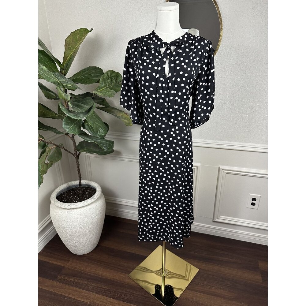 Quiet Luxury  CeCe Black Polka Dot Classic Midi Dress | Old Money | Size 14